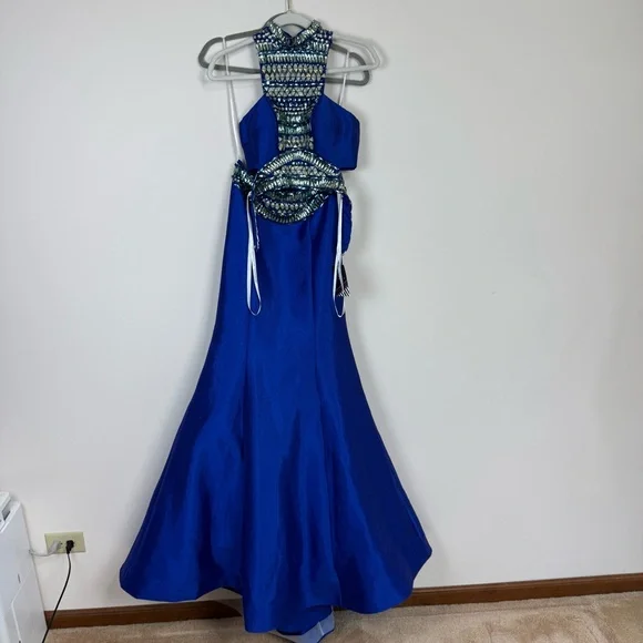 NWT Rachel Allan Beaded Two Piece Mermaid Prom Dress Sz 0 Royal Blue 7079 - Picture 3 of 13